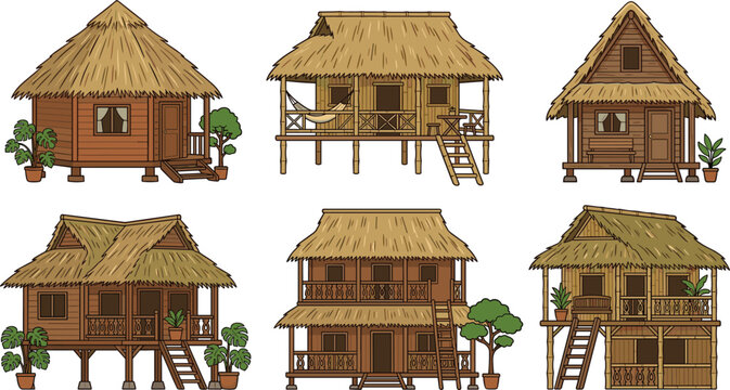 Jungle eco lodge vector set with rustic bamboo stilted huts thatched roof safari cabins and tropical potted plants cartoon illustration