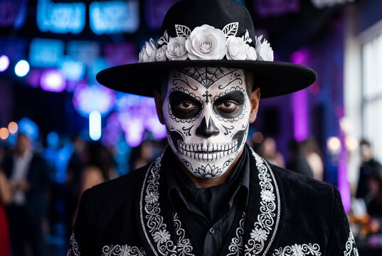 Man with sugar skull makeup celebrating day of the dead