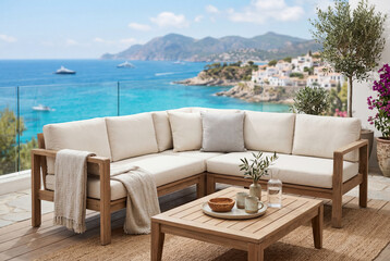 Obraz premium Luxury outdoor lounge with a white sofa on a balcony overlooking the mediterranean sea