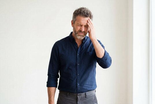 Middle aged man holding his head with a pained expression due to a headache or stress
