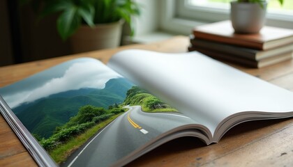 Obraz premium Open magazine displays winding road through green mountains, lush trees line asphalt. Blank pages offer space for text. Books and plant sit on wooden desk.