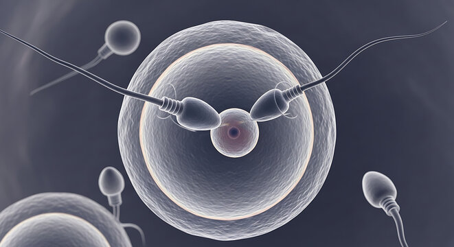 Highly detailed microscopic magnification of a single human sperm cell penetrating an ovum during fertilization to create a zygote, representing the beginning of new life and reproduction.