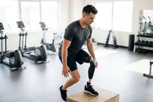 Man with prosthetic leg doing box jump exercise in modern gym