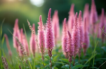 Obraz premium Soft focus pink Astilbe flowers bloom in a shaded garden. Tall feathery plumes create a delicate display against green foliage. Natural beauty of garden flora in summer.