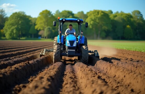 Man drives blue tractor preparing soil in field. Farmer plows brown earth with agricultural machine. Green trees and clear sky in background. Rural landscape during daytime cultivation.
