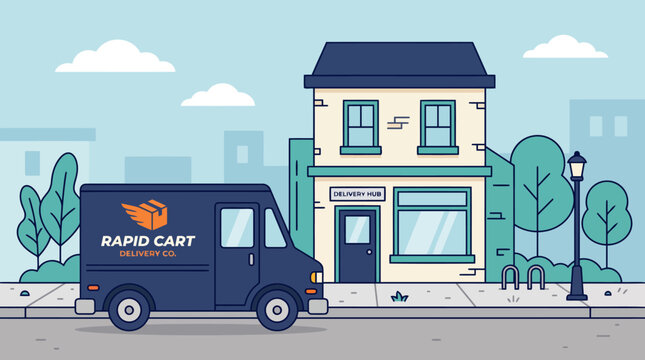 Delivery van parked outside a small business storefront.