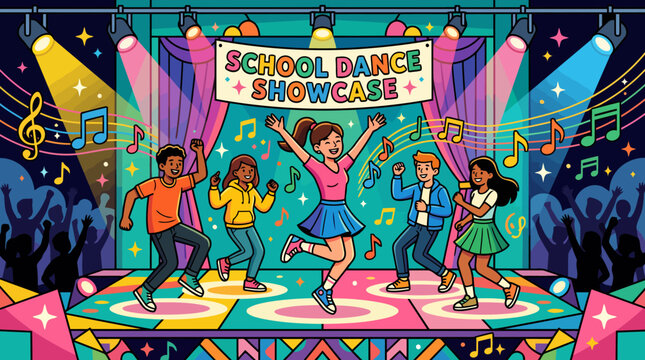 Diverse group of children dancing energetically on stage at a school dance showcase.