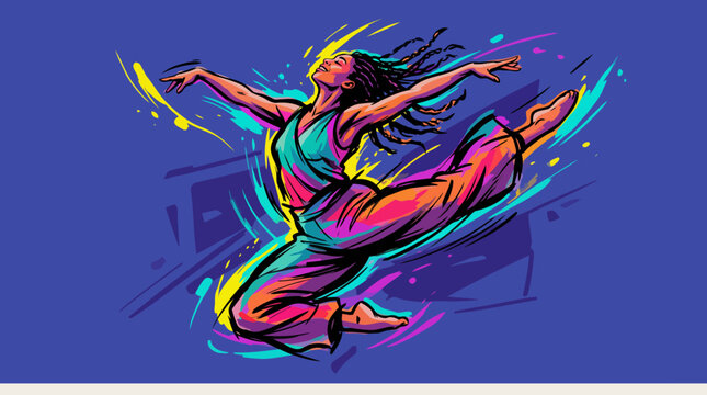 Energetic Dancer Leaping Mid-Air with Colorful Abstract Swirls.