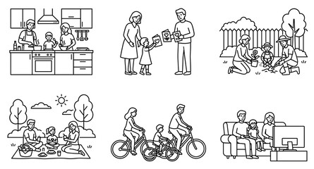 Obraz premium Outline parents day vector set of family lifestyle activities. Line art illustration of cooking, giving gift, gardening, picnic, cycling and watching tv together.