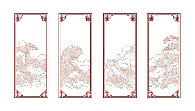 Four vertical Chinese panels with clouds waves and trees
