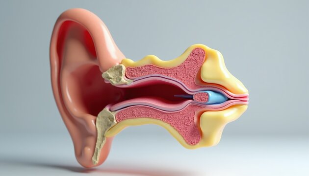Cross section of human ear showing auricle ear canal eardrum middle ear and cochlea. Medical illustration for science education and audiology study.