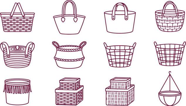 Assorted basket and storage container including laundry hampers and hanging planters, illustrated in line on white background