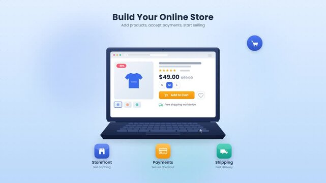 Laptop screen shows online store builder with product page payment and shipping setup