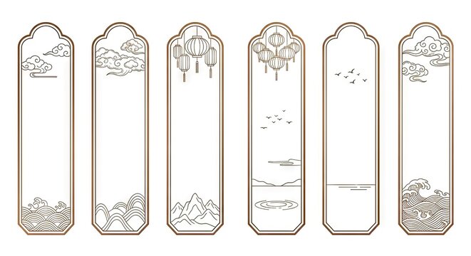 Six vertical banners with traditional Asian line art