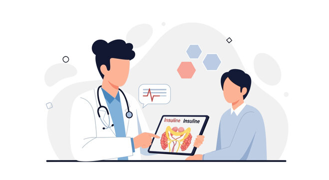 Doctor explaining insulin production and diabetes management to patient using tablet with anatomical illustration