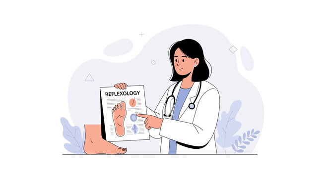 Doctor explaining reflexology chart to patient, foot chart with pressure points and meridians, holistic therapy concept.