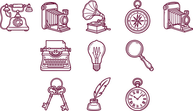 Vintage collection of antique including a rotary telephone, typewriter, camera, gramophone, compass, light bulb, magnifying glass, and keys
