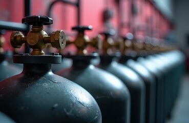 Obraz premium Industrial gas cylinders with valves in a row. Metal tanks store compressed gas for manufacturing processes. High pressure storage for industry and medical use.