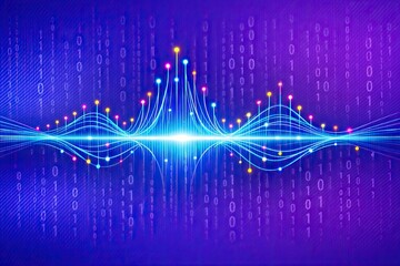 Naklejka premium Glowing blue digital waveform with binary code background 