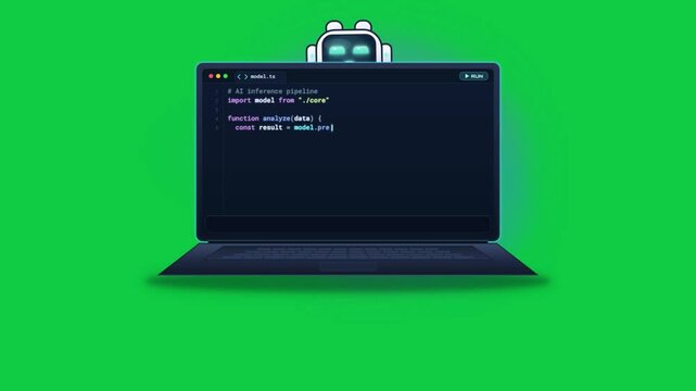 Laptop screen displays AI writing programming code on green screen chroma key background