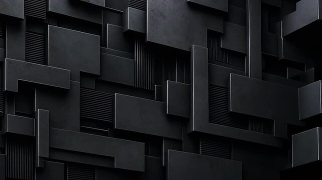 Abstract black 3D geometric wall with layered rectangular panels