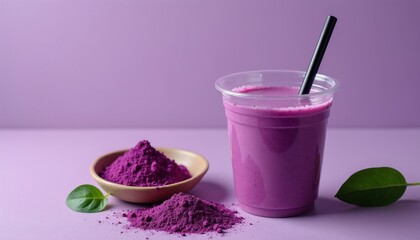 Fototapeta premium Purple ube smoothie in clear cup with straw. Ube powder in small bowl and on table. Green leaf nearby. Health drink, vibrant color, light purple background.
