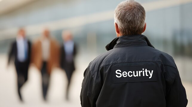 A security officer in uniform communicates via radio in a corporate environment. The scene features high detail with business professionals in a soft, blurred background.