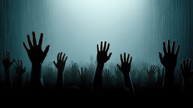 A crowd presses anxious hands against a condensation-covered glass wall in eerie sterile lighting. Silhouetted figures and dramatic shadows create a tense cinematic horror scene.