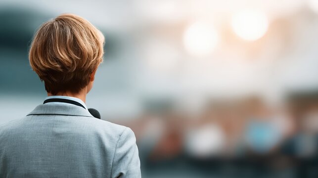 A businesswoman stands in a spotlight, addressing a corporate audience with authority. Cool tones and a polished stage create a high-detail leadership moment.