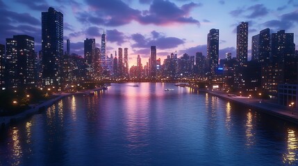 Fototapeta premium Cityscape sunset waterfront aerial view, twilight reflections
