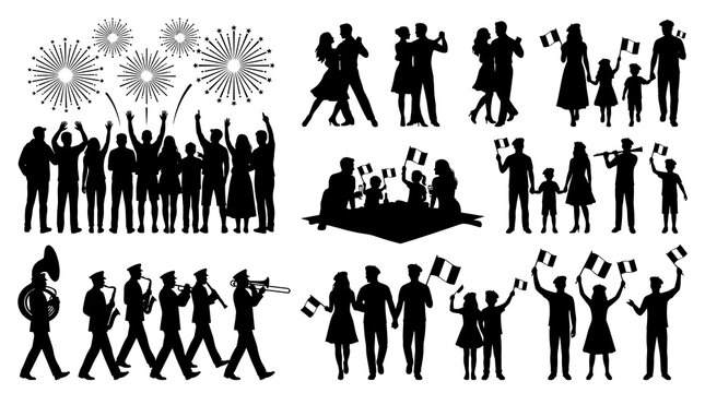 Black silhouette bastille day vector collection. People watching fireworks, couples dancing, marching band, family picnic and happy crowd waving flags.