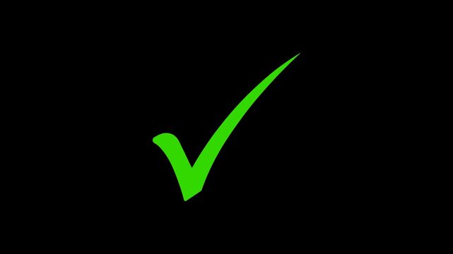 Animated green checkmark icon on black background, success and approval symbol, correct answer indicator, high quality 2D motion graphic for business presentations.

