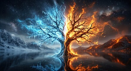 Obraz premium Split tree ice fire reflection dramatic landscape
