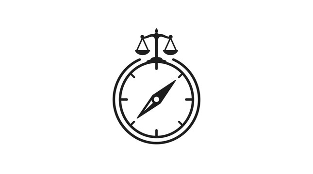 A minimalist black and white icon featuring a compass combined with a scale of justice.