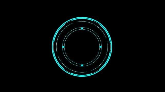 Futuristic cyan neon HUD circular interface, rotating rings and dashed lines on black background, sci-fi technology element, UI UX motion graphic, 4k.
