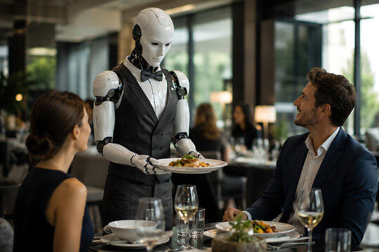 Robot Waiter Serving Food in Restaurant