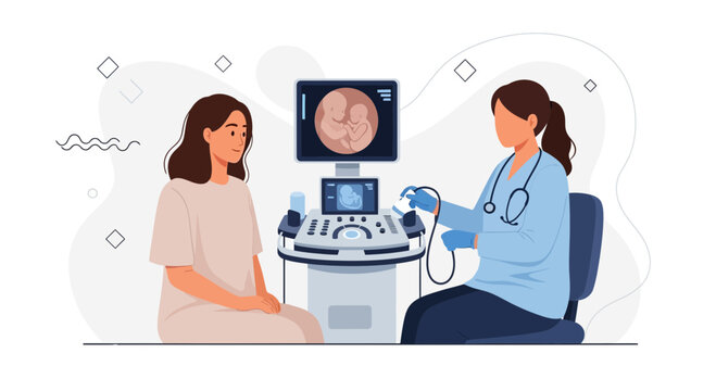 Doctor performs ultrasound scan on pregnant woman, showing fetus on screen, modern medical illustration