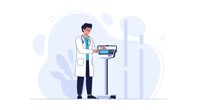 Doctor with Stethoscope Using Digital Scale for BMI Measurement in Medical Clinic