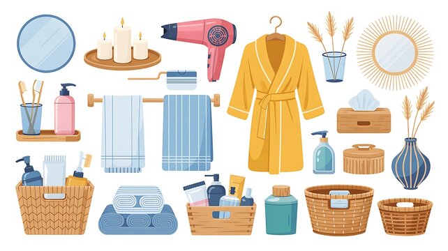 An illustration showcases various bathroom items arranged in a flat lay on a white background with towels and a robe.