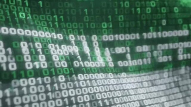 Digital representation of the iranian flag with binary code overlay