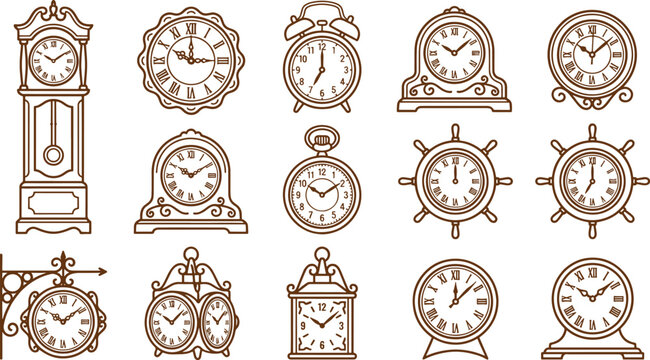 Collection of vintage clock featuring grandfather clocks, pocket watches, and wall timepieces with roman and arabic numerals