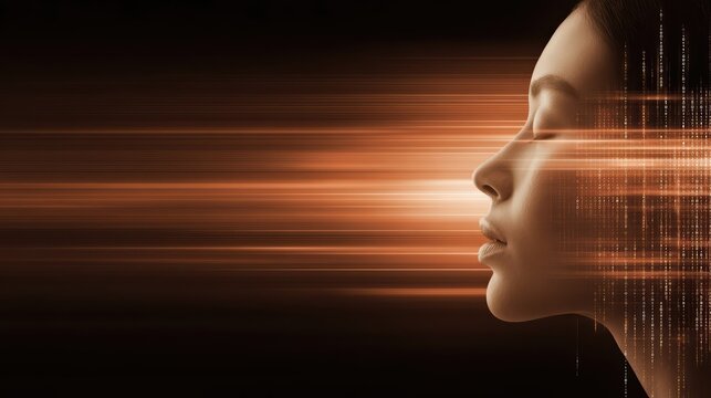A photorealistic human face dissolves into digital particles and binary code. Dramatic lighting captures the concept of stolen identity in a futuristic cybersecurity landscape.