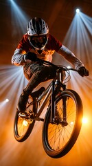 Naklejka premium Intense low-angle action shot of a BMX cyclist mid-trick under powerful stadium spotlights with dramatic dark background.