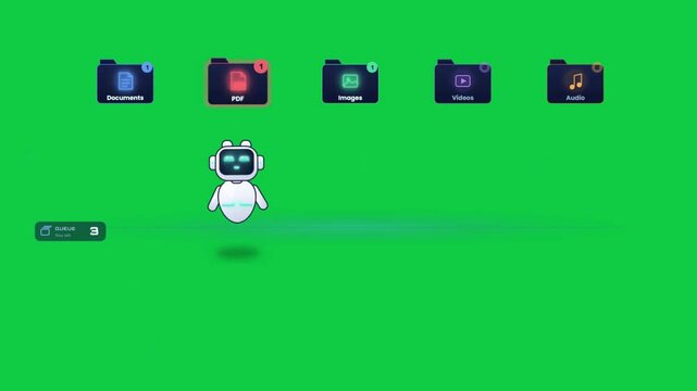 AI robot assistant sorts files into folders on green screen chroma key background animation