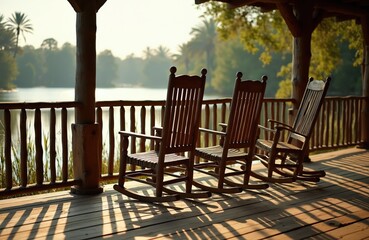 Obraz premium Three wooden rocking chairs on rustic porch overlook calm lake surrounded by trees, palm fronds. Sunlight streams through wooden railings casting long shadows across deck, inviting peaceful