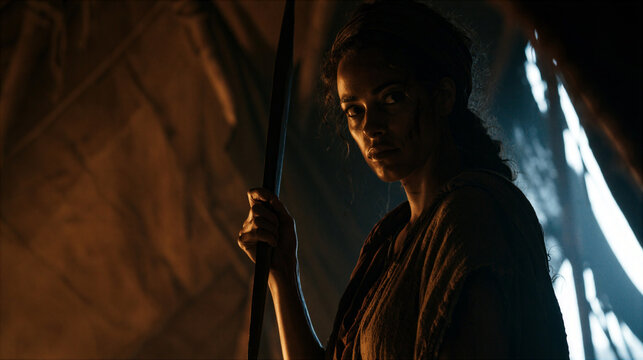 Jael holding a tent peg, tense shadow-filled tent interior, dramatic biblical narrative composition, chiaroscuro lighting