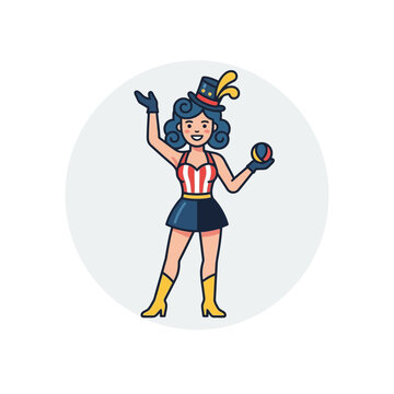 Smiling Female Circus Performer in Vintage Costume Holding a Ball Vector Illustration