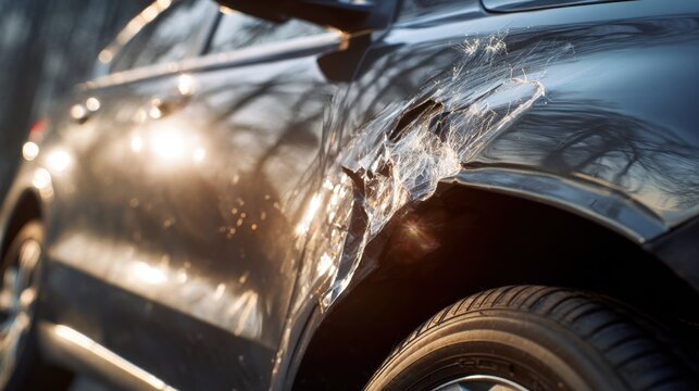 Damaged shiny black car with deep dent and visible scratches on front fender reflecting evening sunlight and surrounding trees on rural road surface