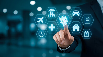Fototapeta premium Businessman Using Digital Interface to Select Comprehensive Insurance Coverage and Financial Protection Services for Modern Clients