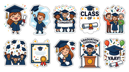 Fototapeta premium Graduation Sticker Set with Cute Students Celebrating School Achievement and Diploma Success